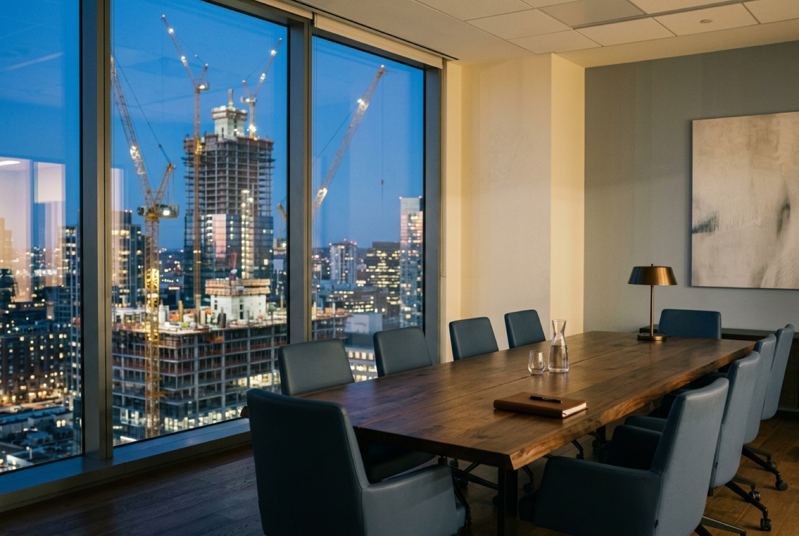 A boardroom overlooking cranes and a half-built tower at dusk