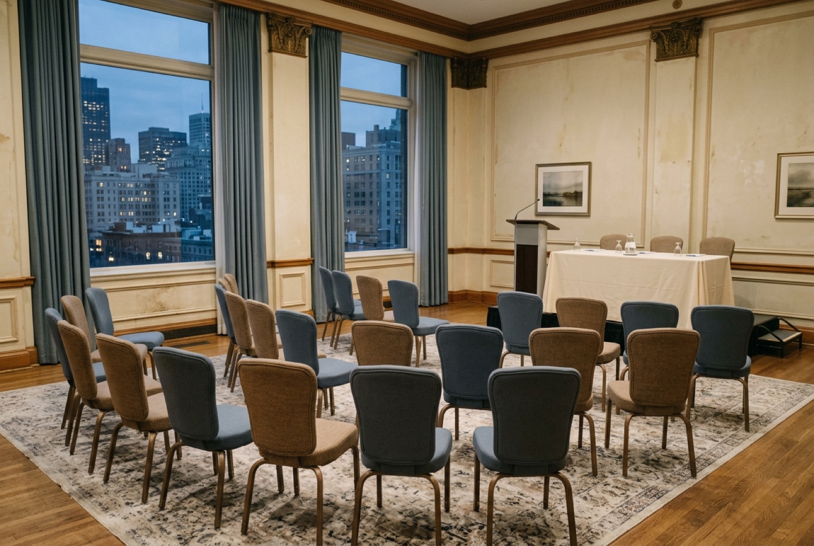 A hotel salon set for a breakfast panel