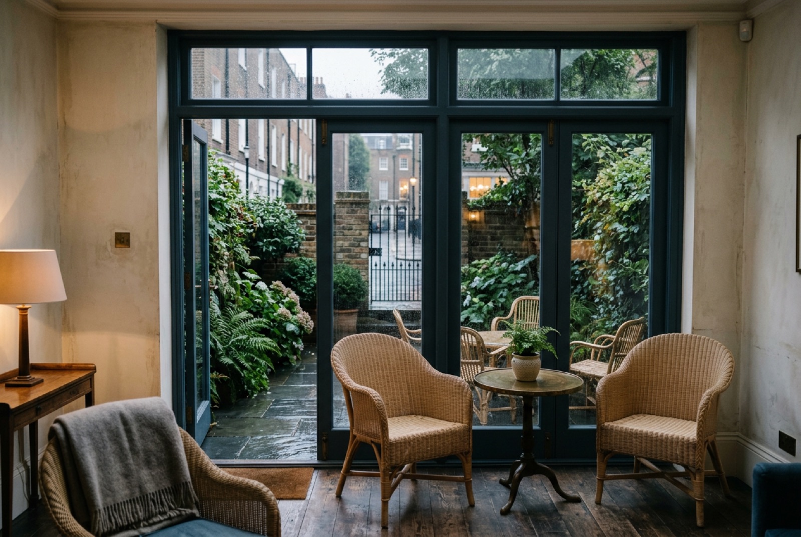A courtyard garden of a townhouse club with cane chairs