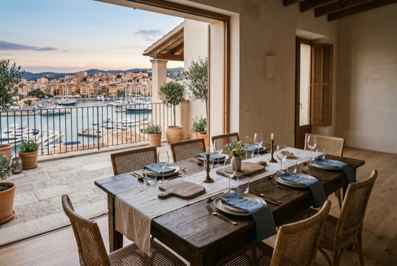 A terrace dinner table set for eight above a harbour