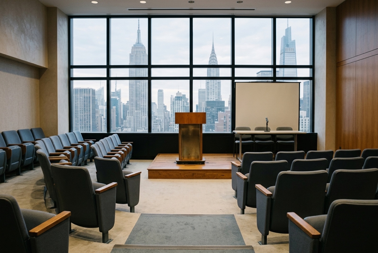 A small auditorium with a lectern and empty chairs before a pitch session