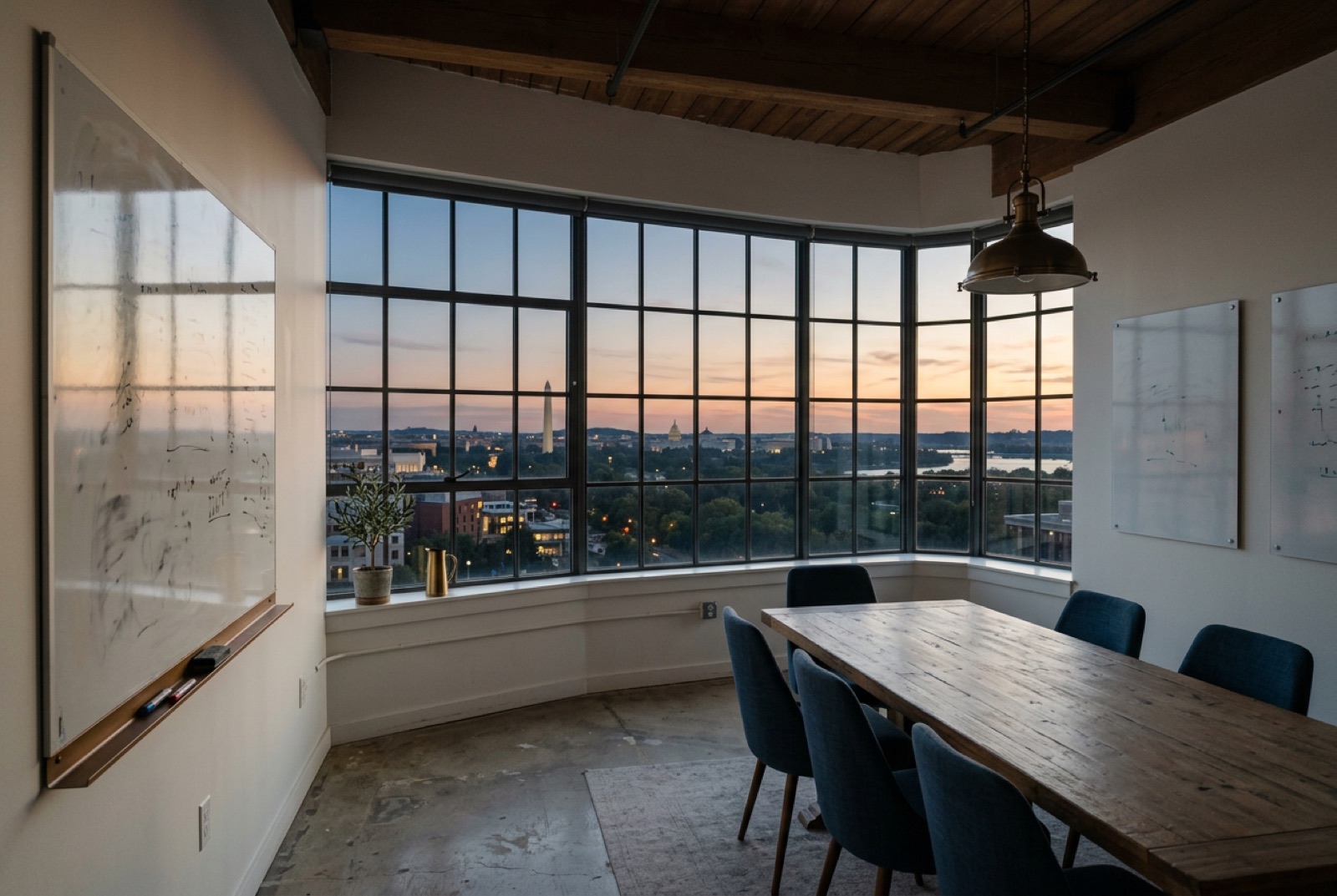 A loft meeting room with whiteboards and city windows