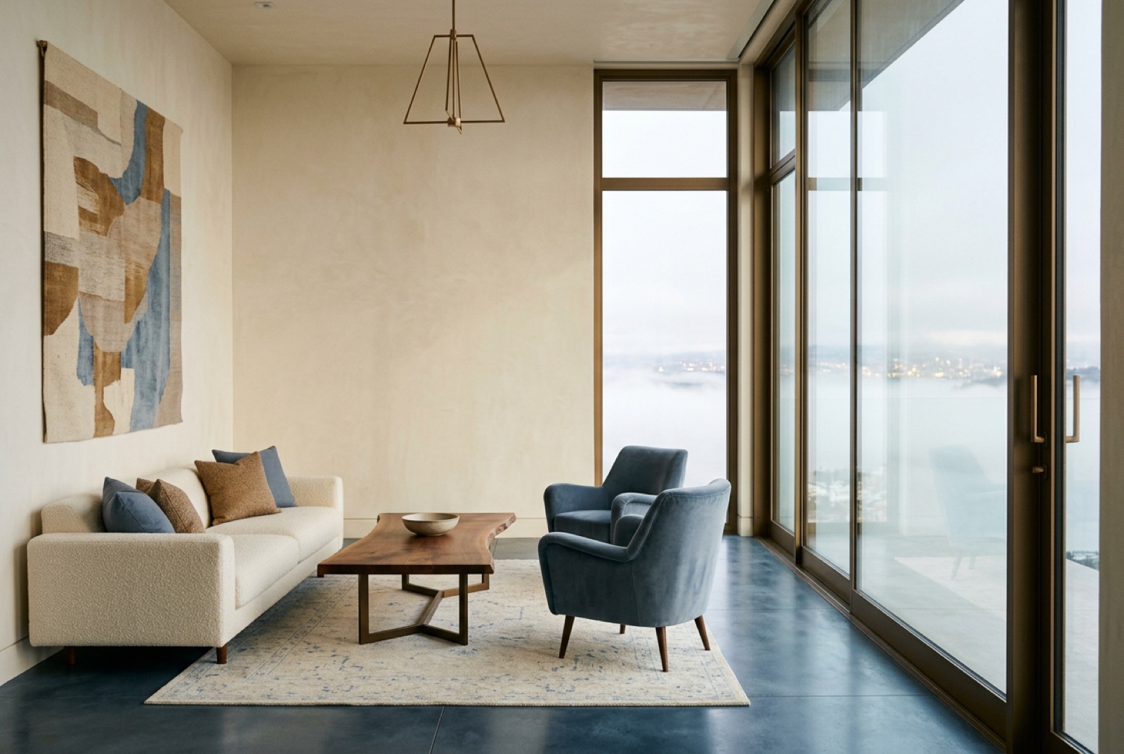A hotel penthouse salon at night