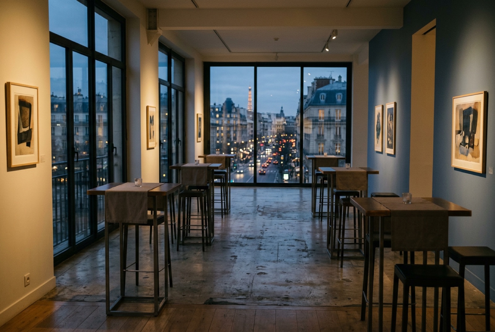 A gallery space with cocktail tables and low light before guests arrive