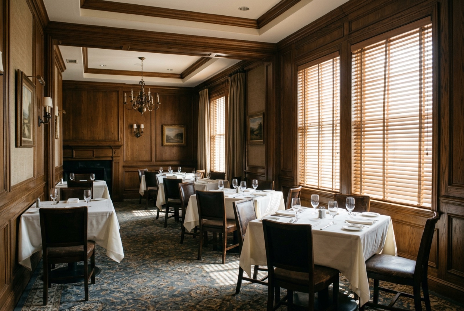 A club dining room with white tablecloths and wood panelling
