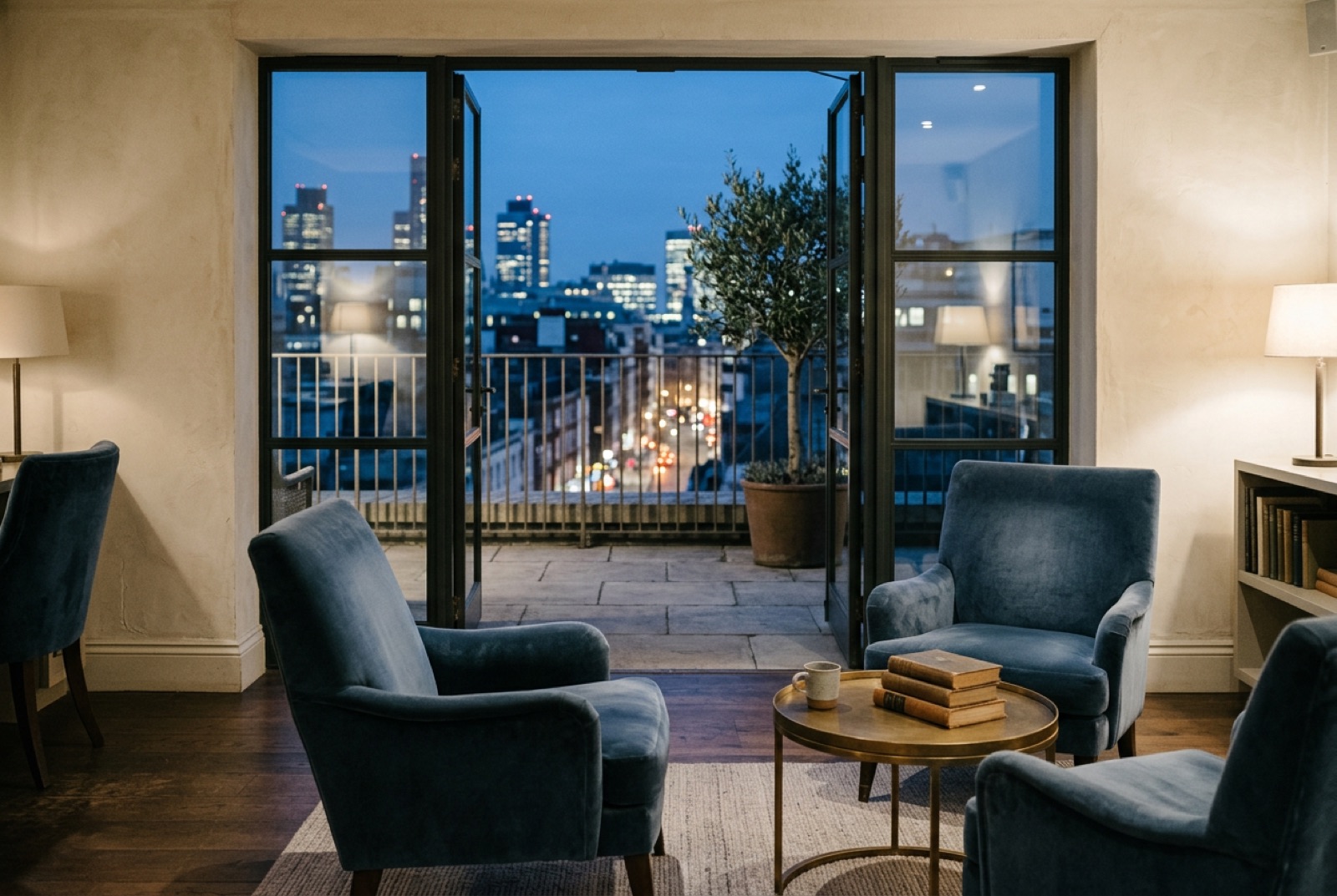 A bright members' lounge with velvet chairs opening onto a terrace