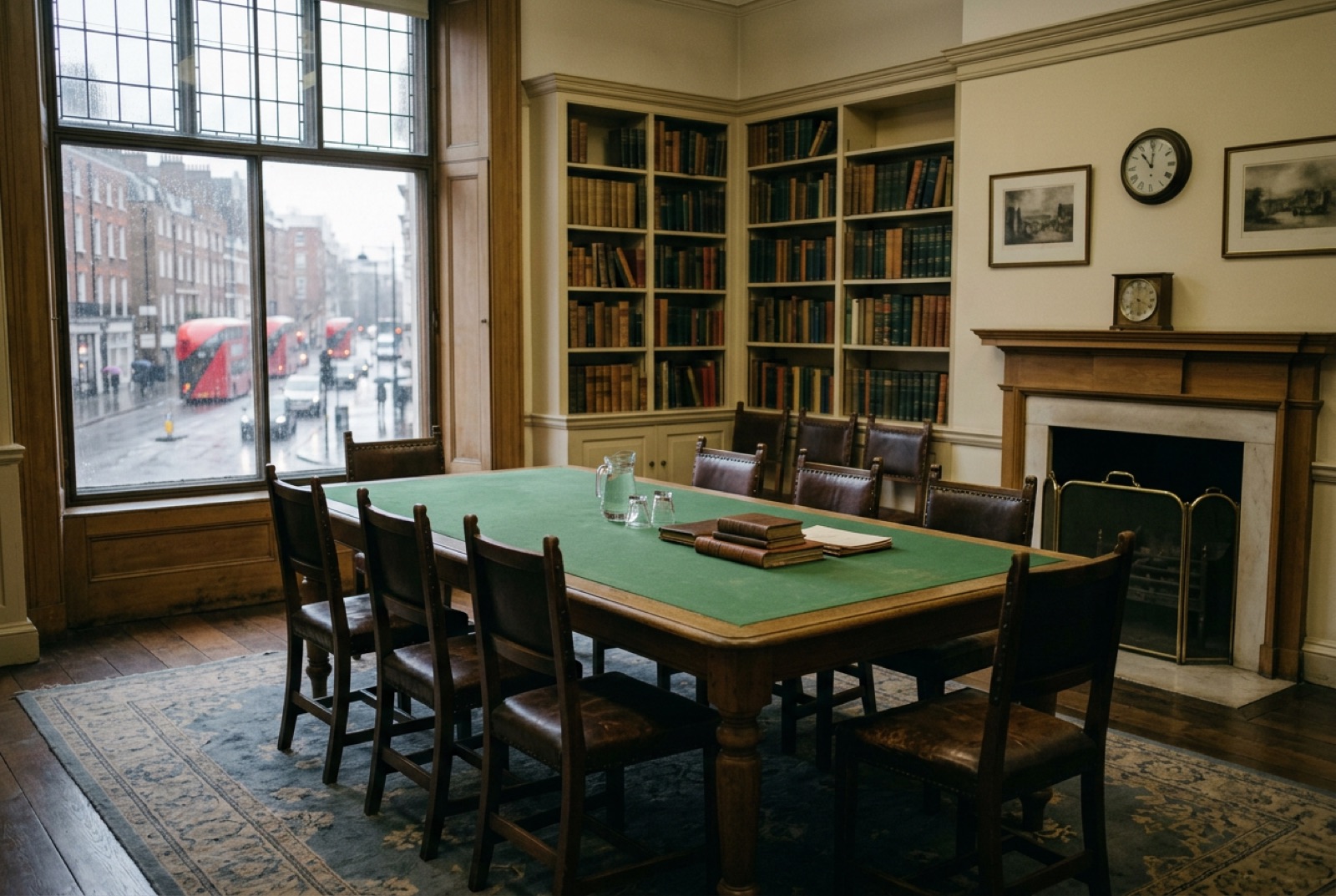 A library committee room with a green baize table