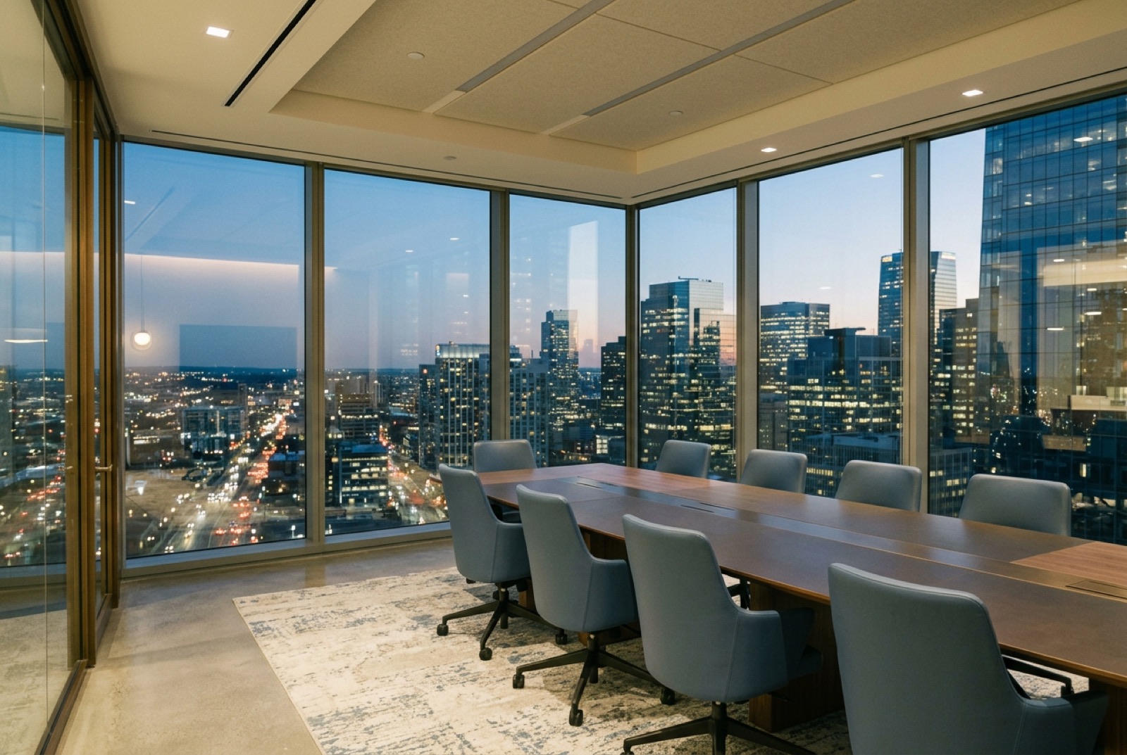 A glass boardroom high above a financial district