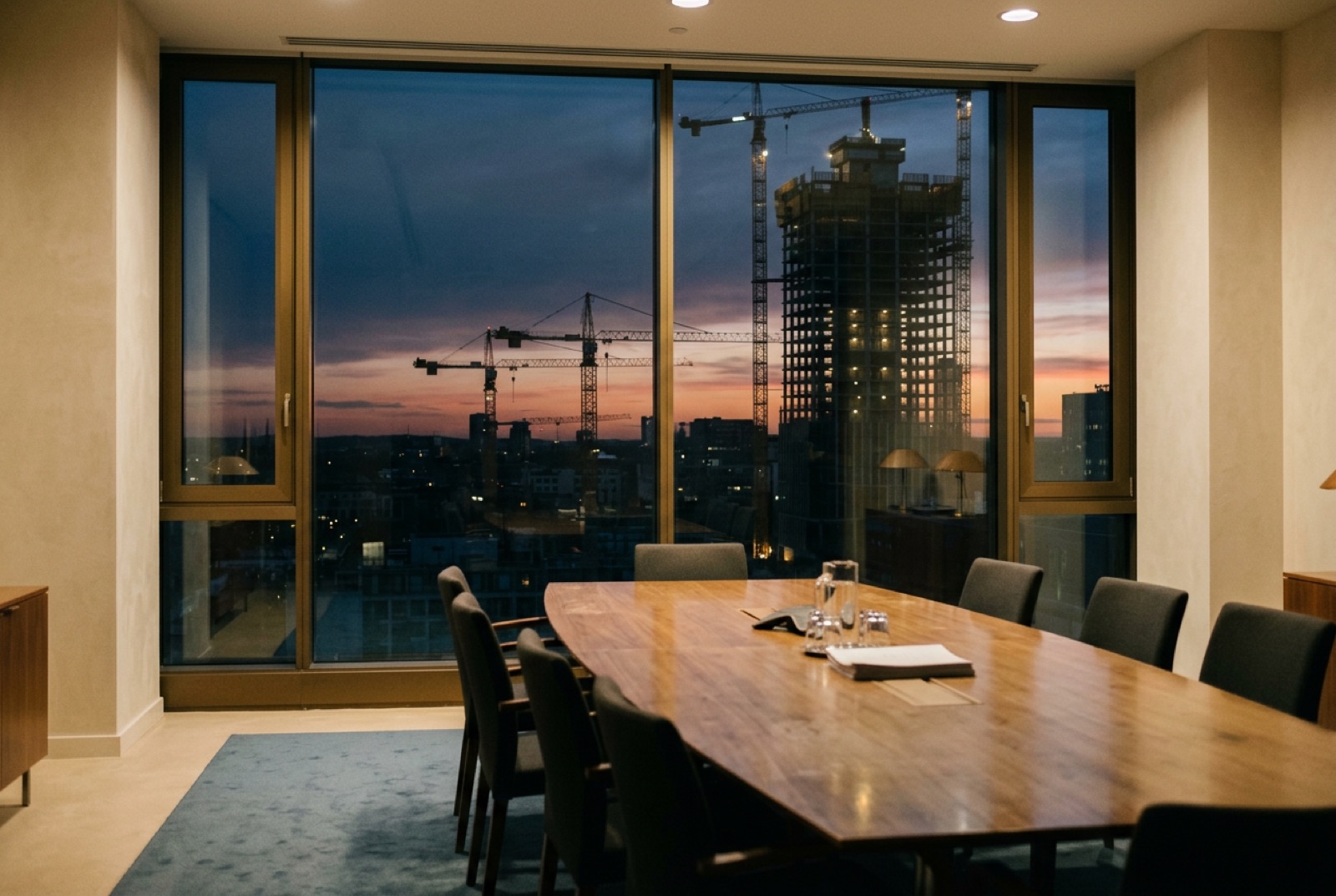 A boardroom overlooking cranes and a half-built tower at dusk