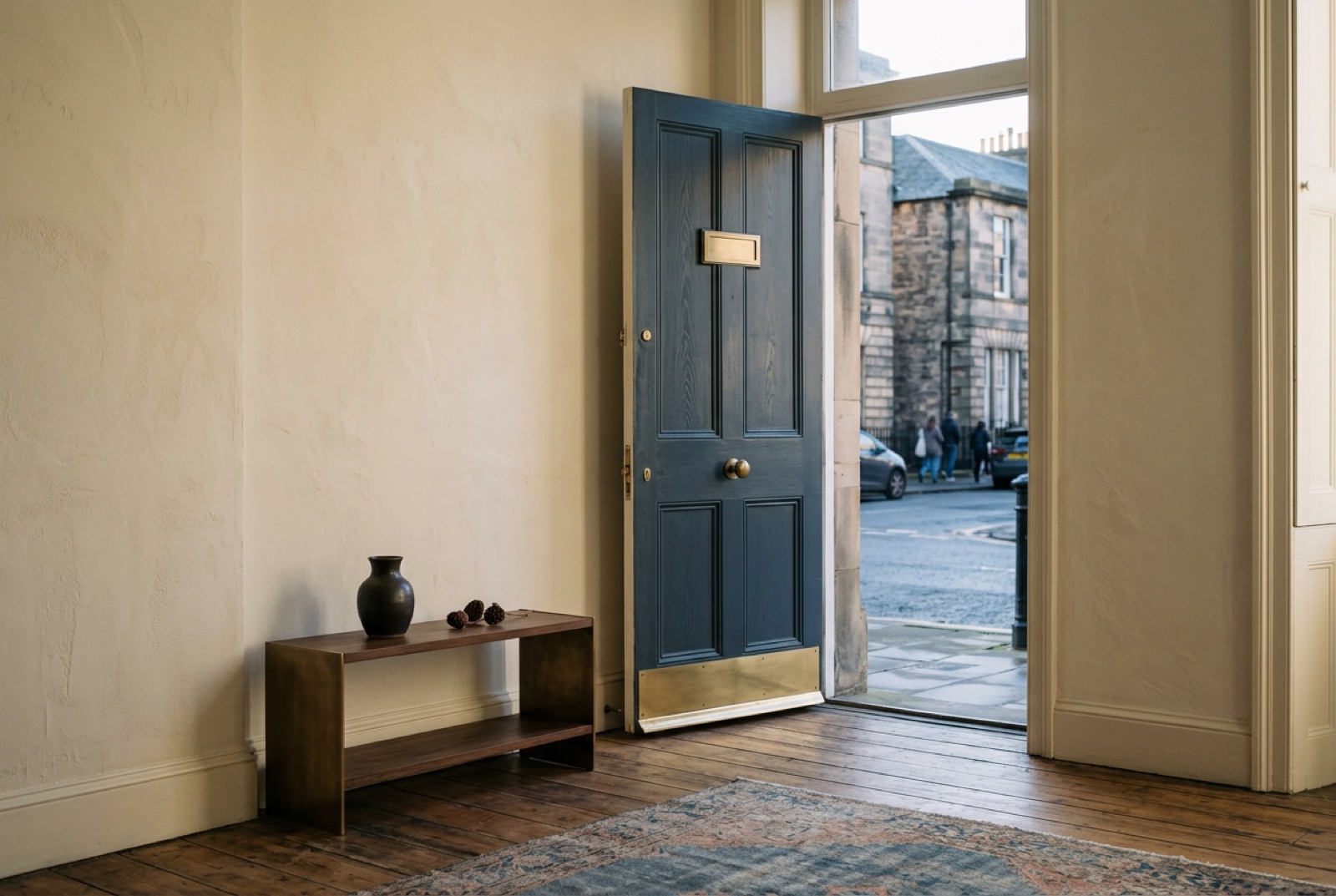 An unmarked townhouse door with a blank brass plate on a quiet street