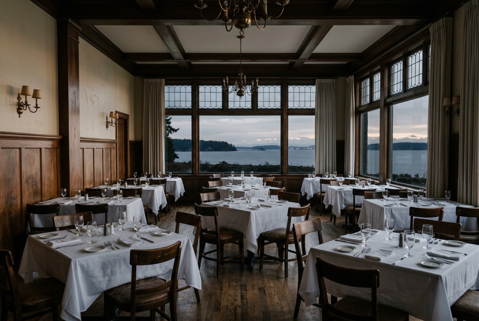 A club dining room with white tablecloths and wood panelling