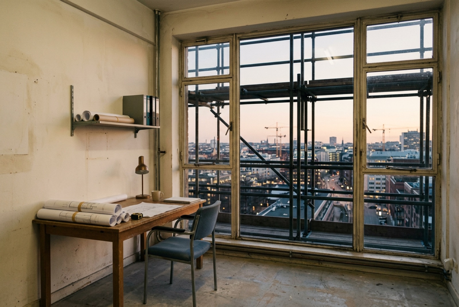 A site office with rolled drawings and a view of scaffolding