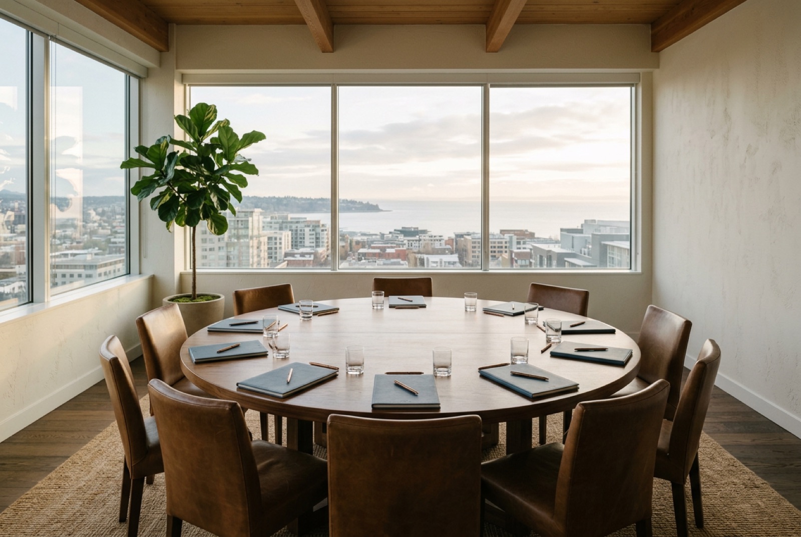 A round forum table with twelve leather chairs in a top-floor meeting room