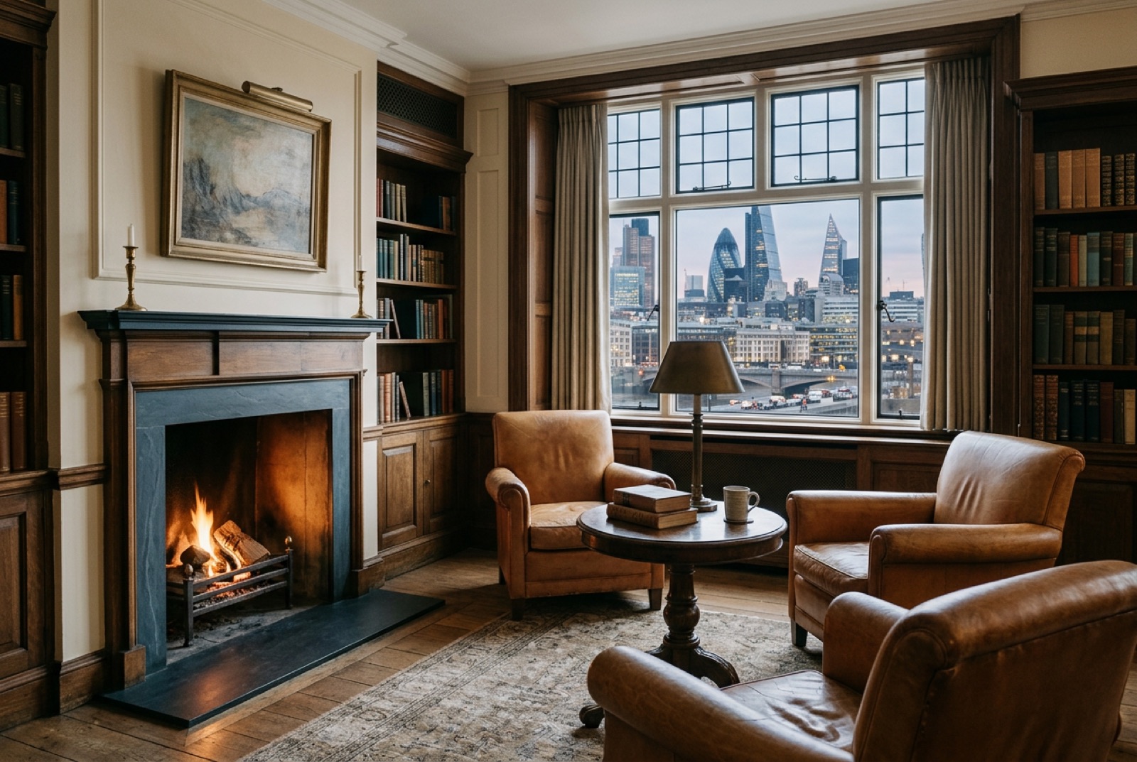 A members' club reading room with leather armchairs and a fireplace