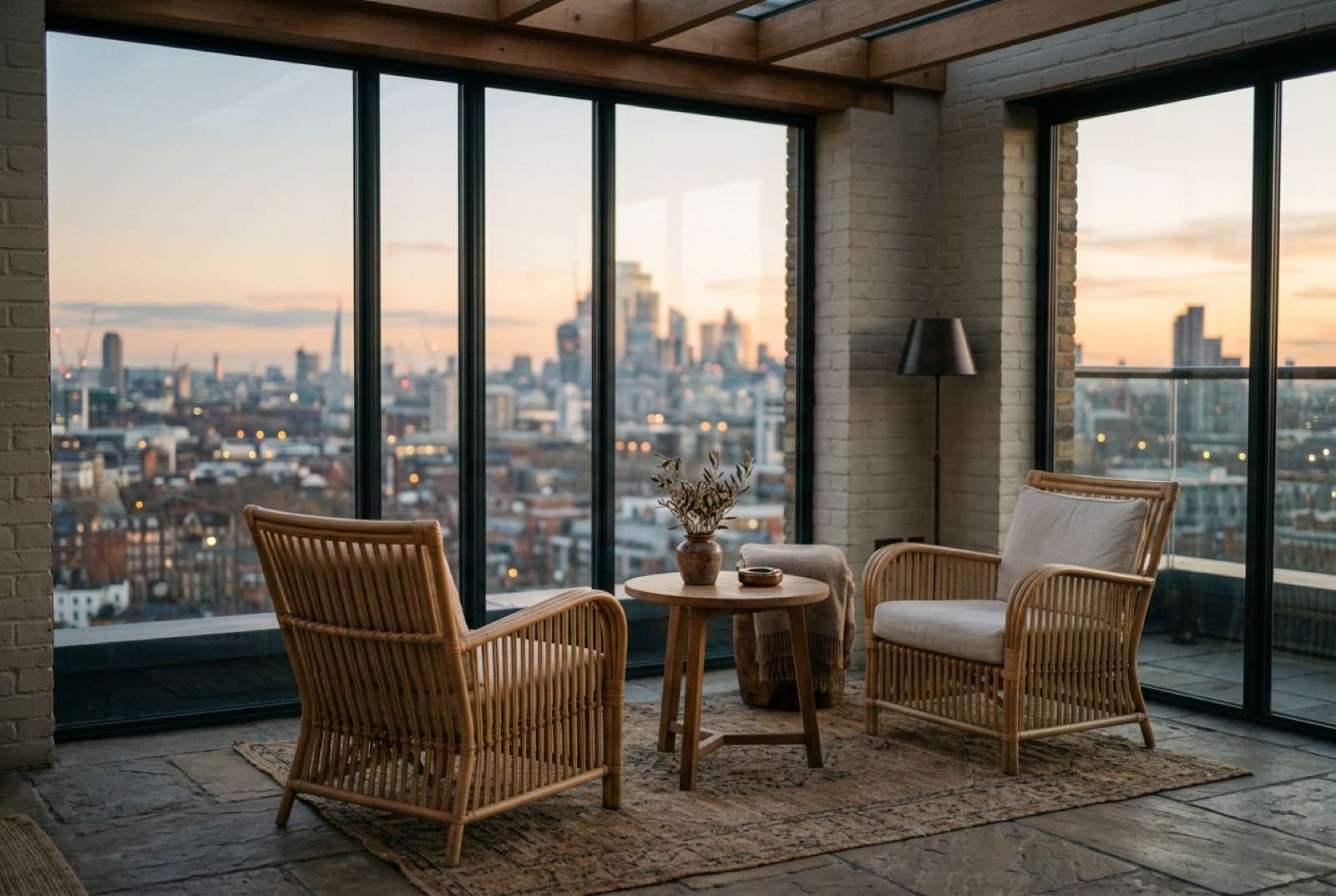 A members' lounge terrace with cane chairs at golden hour