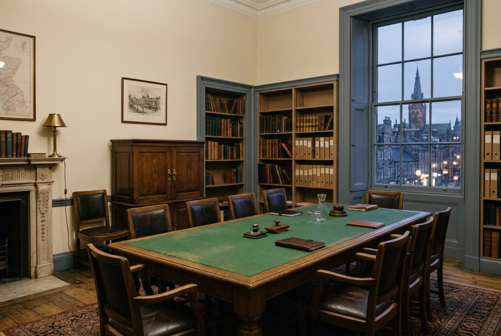 A library committee room with a green baize table