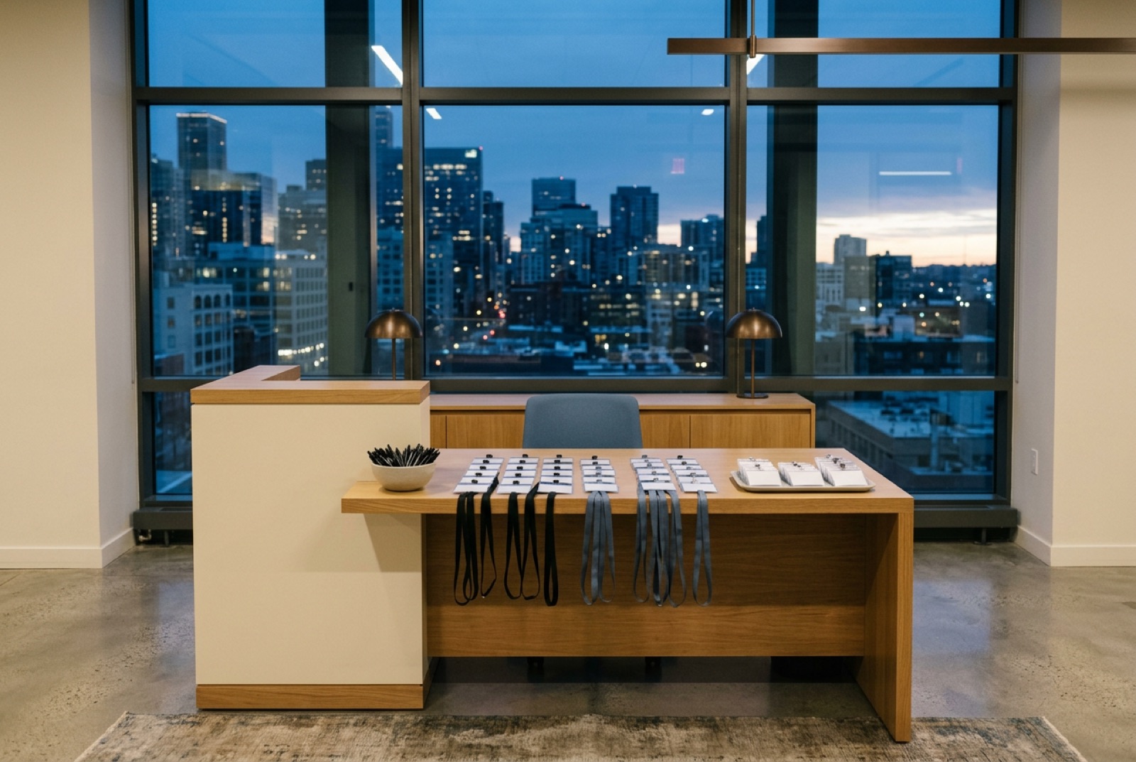 A registration desk with lanyards and a bowl of pens