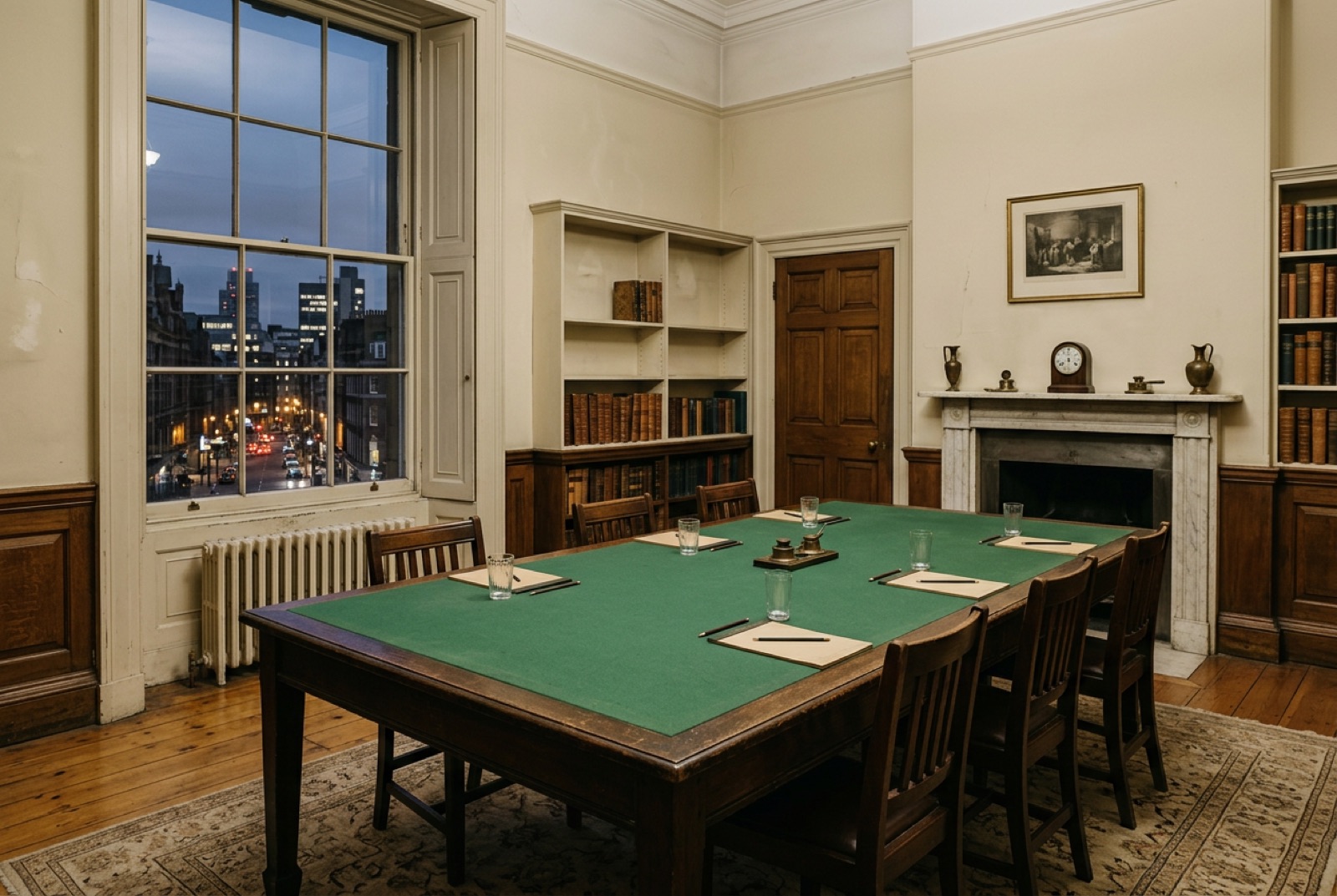 A library committee room with a green baize table