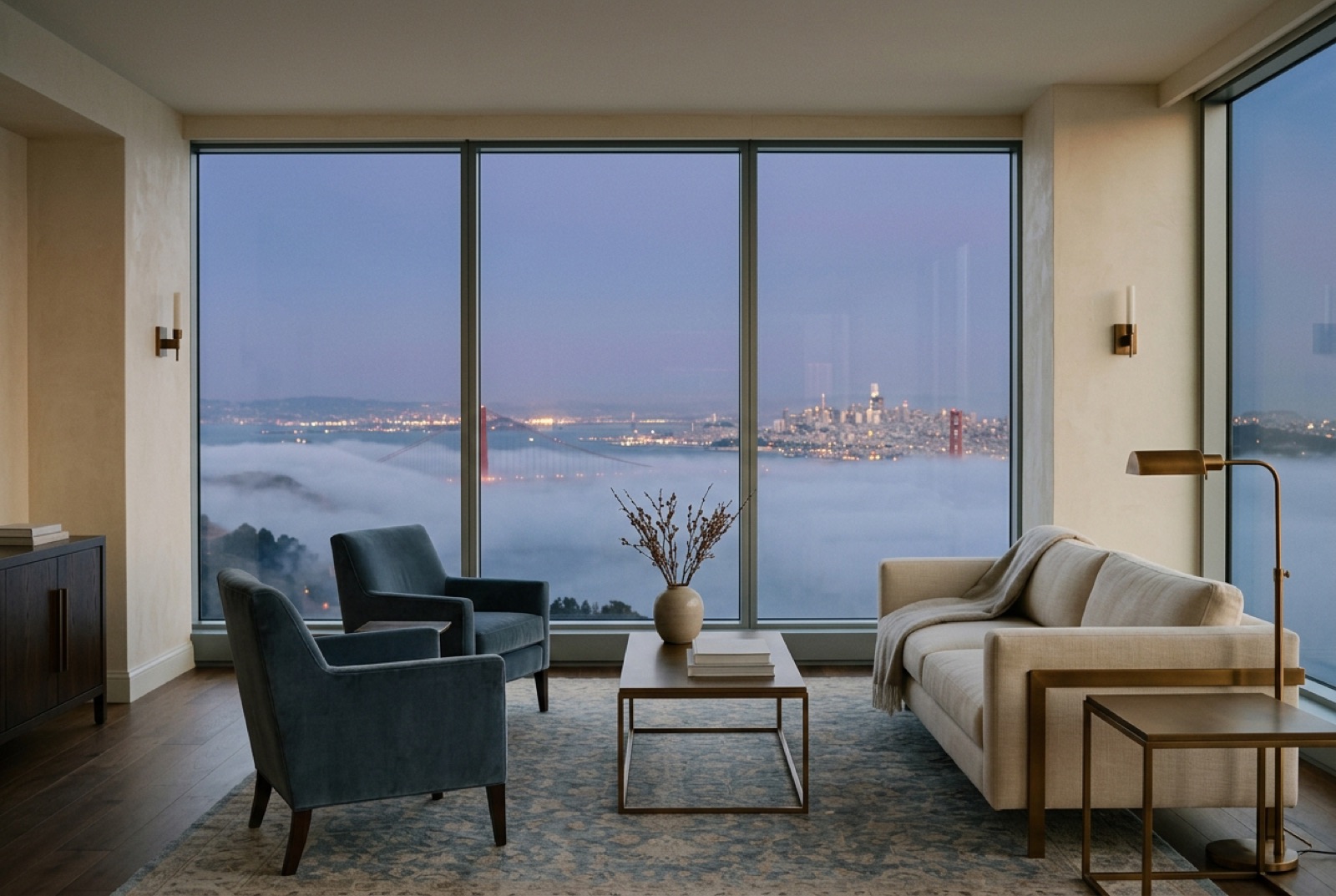 A hotel penthouse salon at night