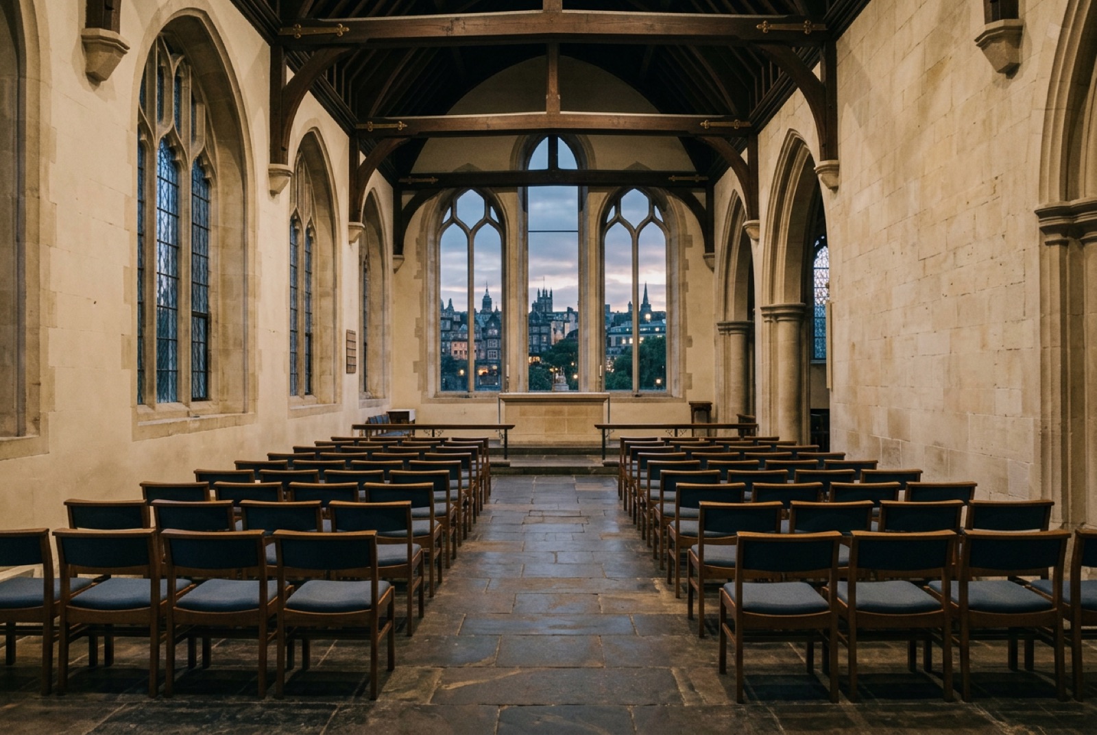 A chapel-like hall with tall windows and rows of chairs