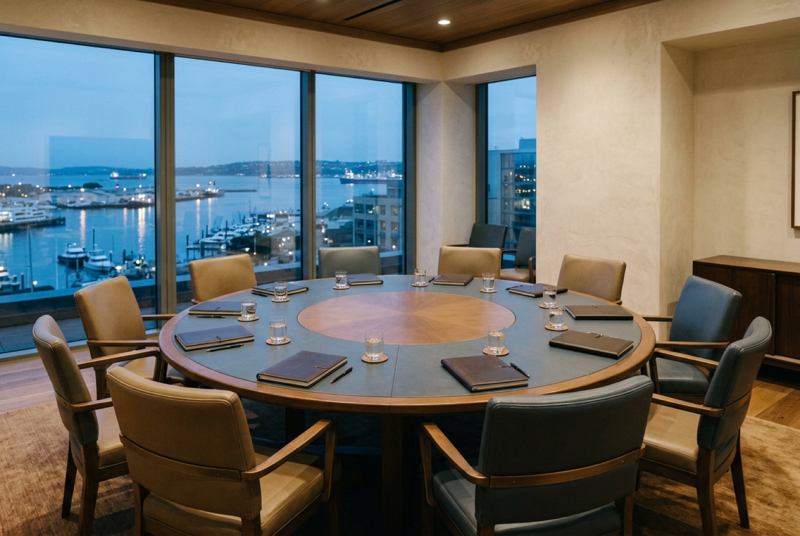 A round forum table with twelve leather chairs in a top-floor meeting room