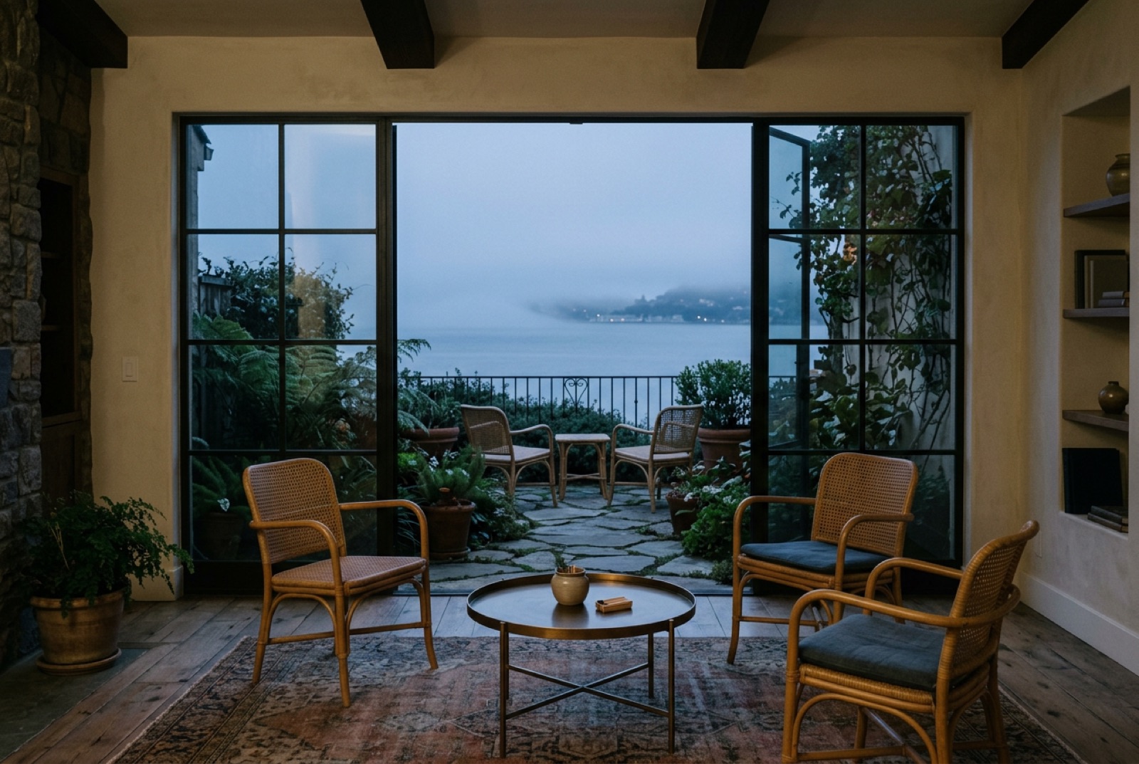 A courtyard garden of a townhouse club with cane chairs