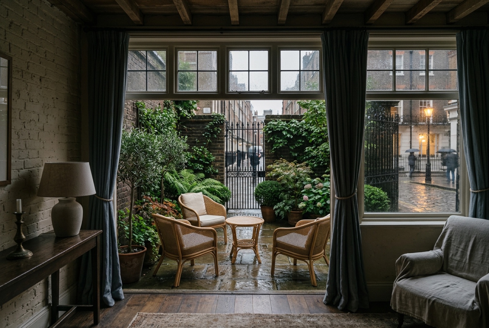 A courtyard garden of a townhouse club with cane chairs