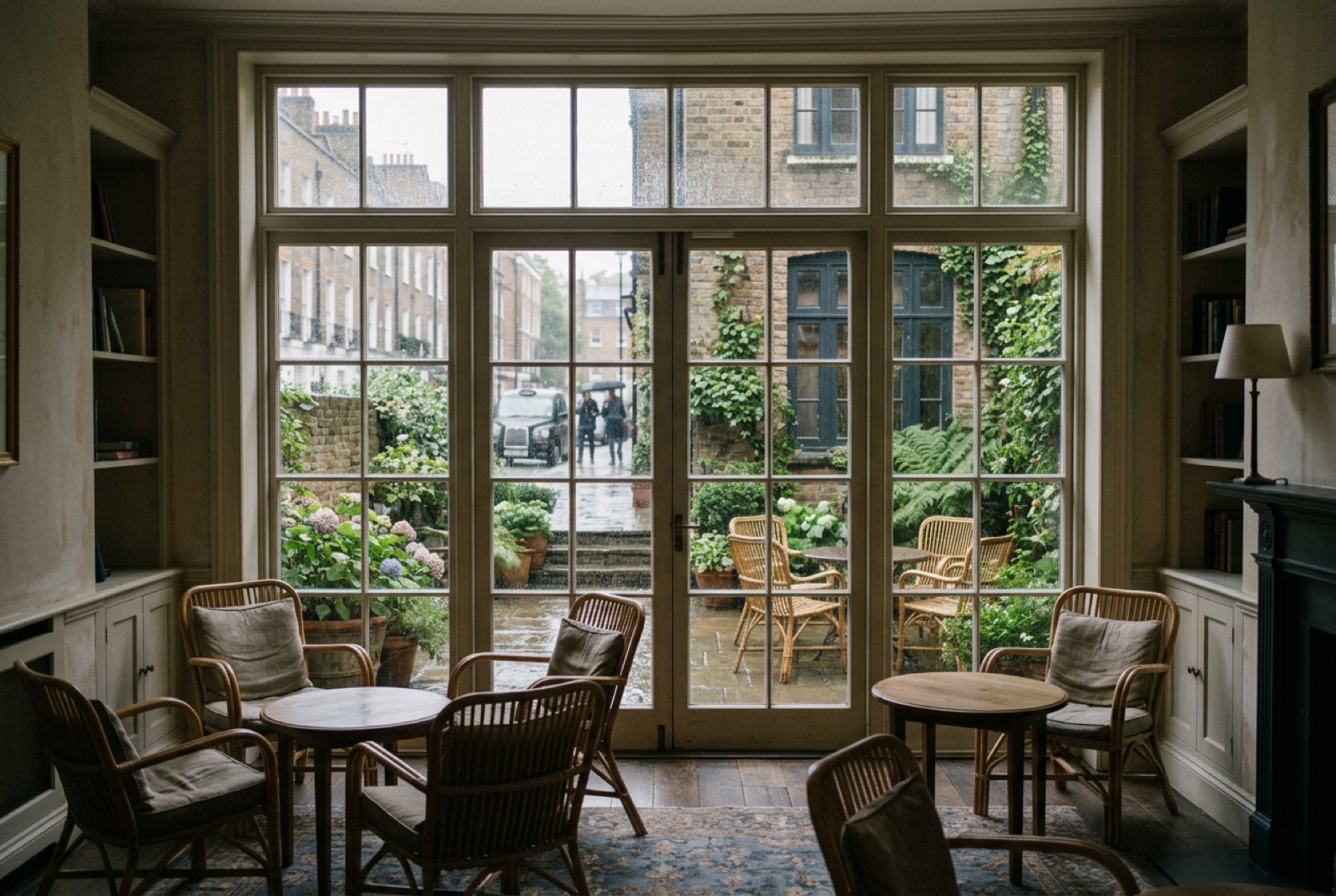 A courtyard garden of a townhouse club with cane chairs