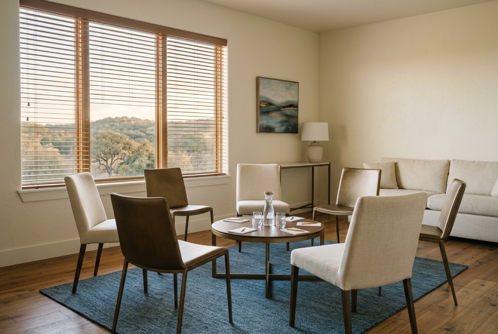 A hotel suite arranged for a small group session