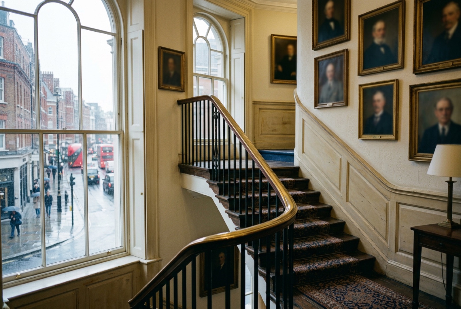 A clubhouse staircase with a brass handrail and blurred portraits on the wall