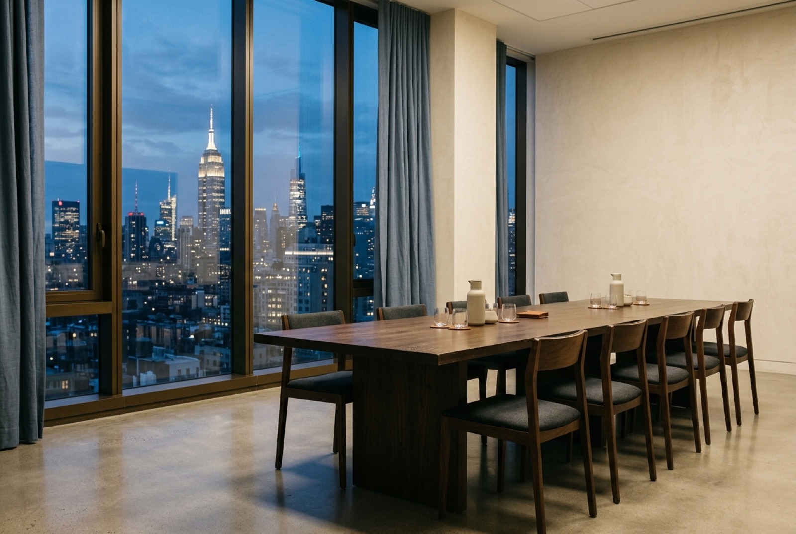 A conference table by tall windows with the chairs pushed in after a session