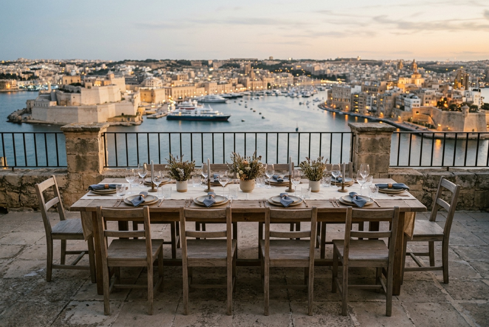 A terrace dinner table set for eight above a harbour