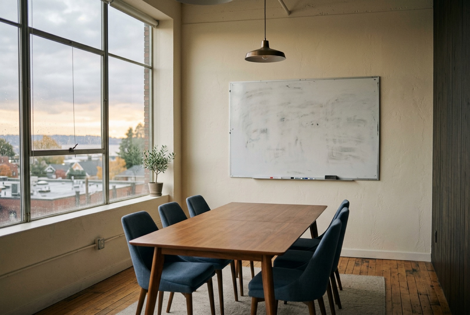 A loft meeting room with a whiteboard and morning light