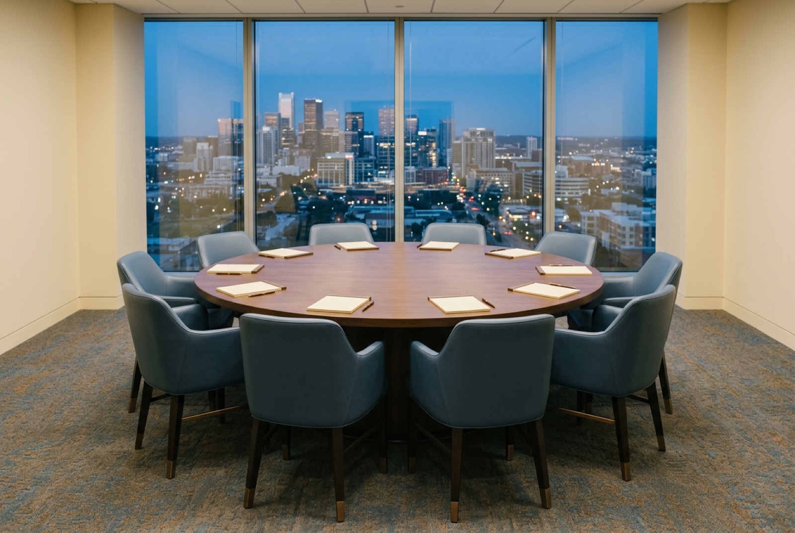 A round forum table with twelve leather chairs in a top-floor meeting room