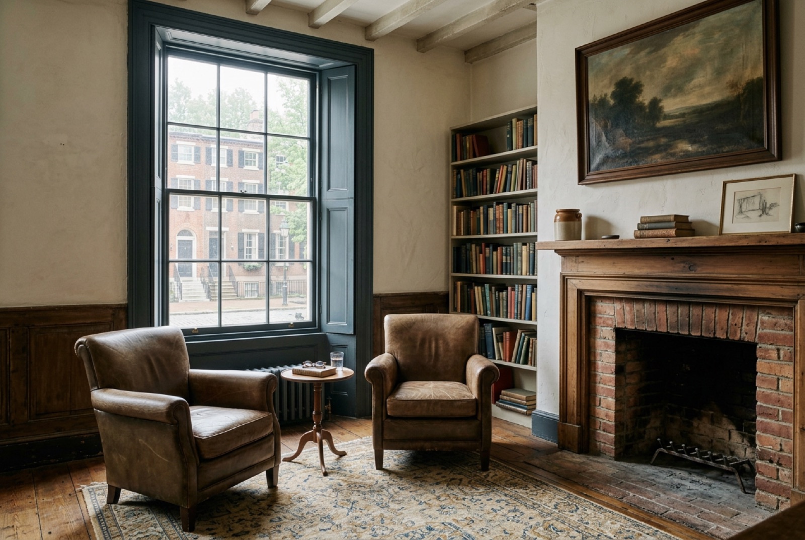 A members' club reading room with leather armchairs and a fireplace