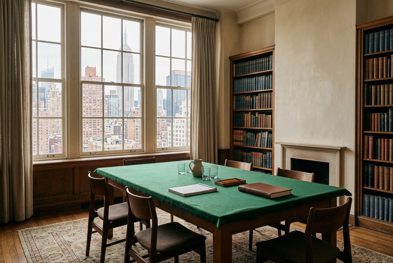 A library committee room with a green baize table