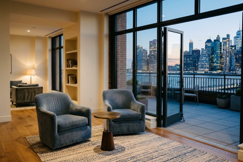 A bright members' lounge with velvet chairs opening onto a terrace