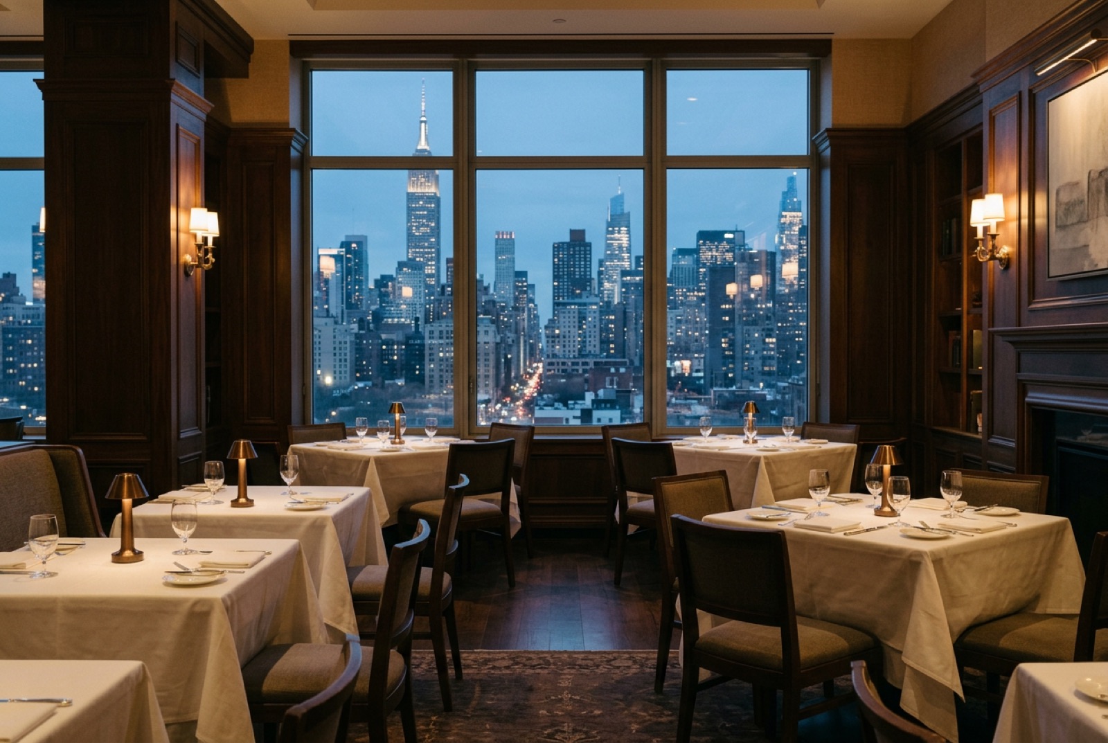 A club dining room with white tablecloths and wood panelling