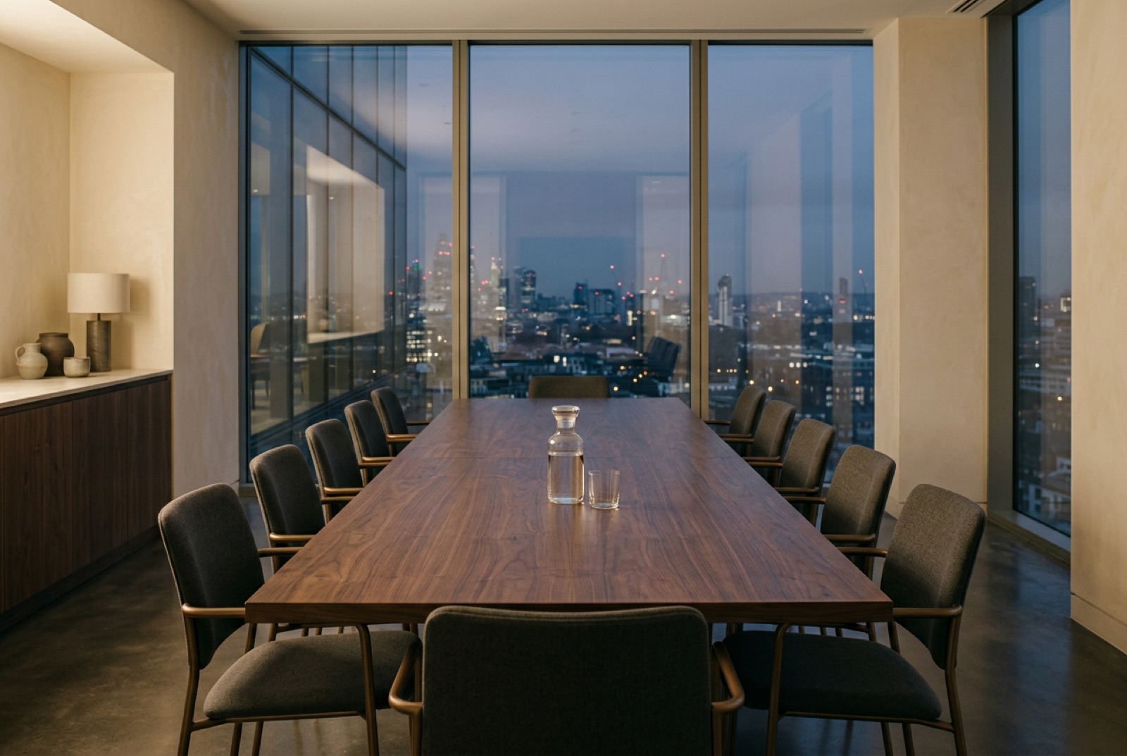 An empty boardroom with a long walnut table and a single water carafe