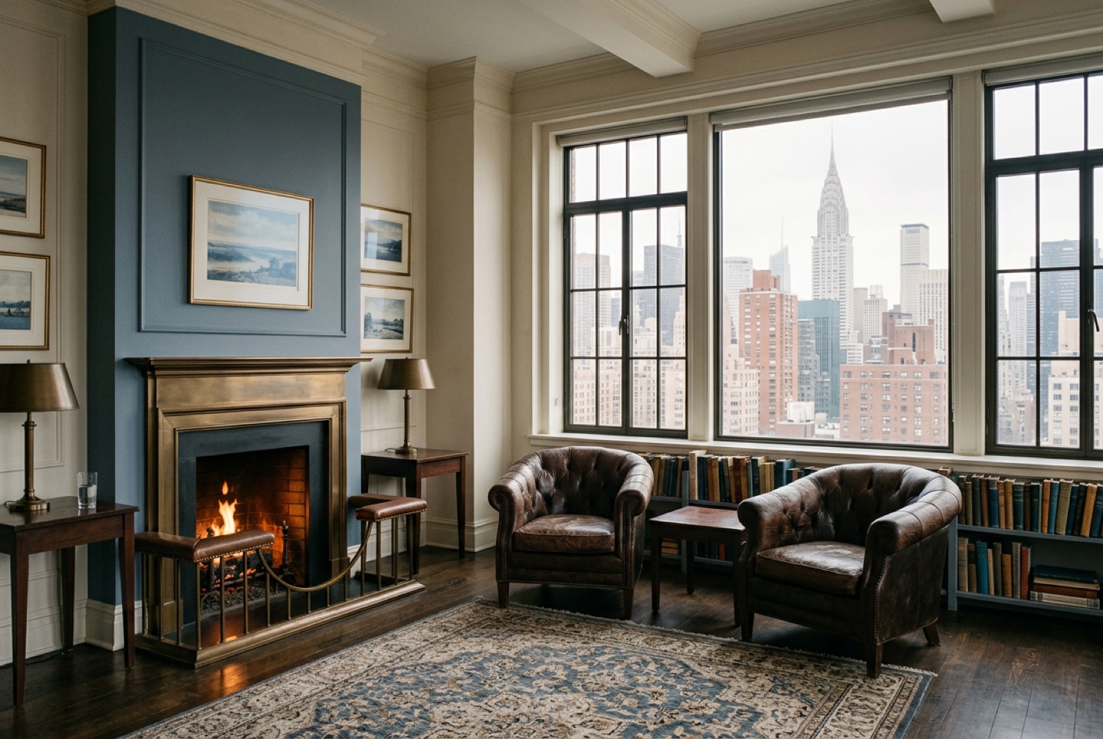 A members' club reading room with leather armchairs and a fireplace